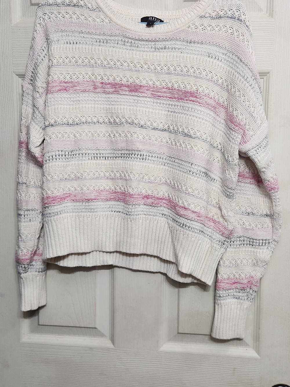 a.n.a Cream Knit Sweater with Pink and Gray Stripes